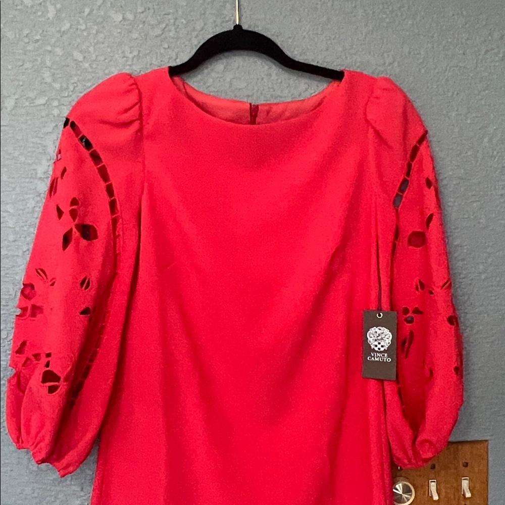 NWT Vince Camuto coral/red Eyelet Sleeve Shift Dress Puff Sleeve Mini ~ Size 2 - Picture 3 of 10